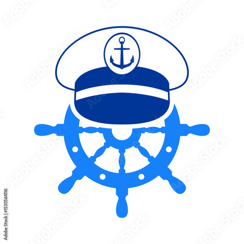 Logo nautical. Sombrero de capitán de barco con volante de timón de barco