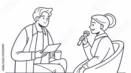 Illustration of a man interviewing a woman with a microphone while holding a tablet and a cup of coffee