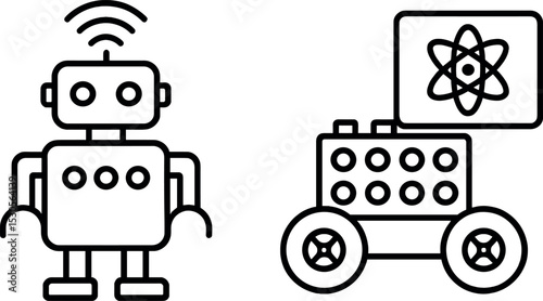 Outline of smiling robot and science rover icon with atomic symbol