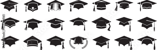 Set of academic graduation cap black vector silhouette icon set collections