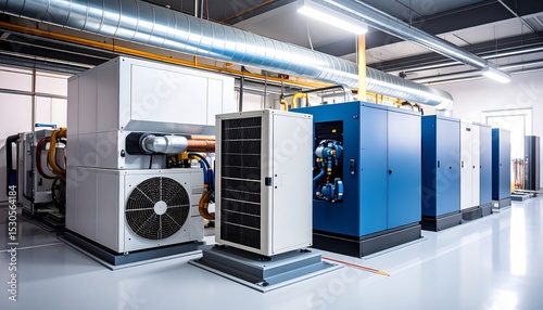Modern industrial chiller and air conditioning equipment in a clean facility.