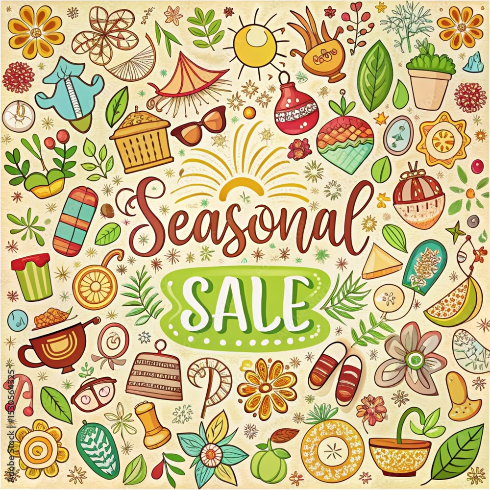 Fototapeta premium Seasonal sale, featuring various summer and winter items