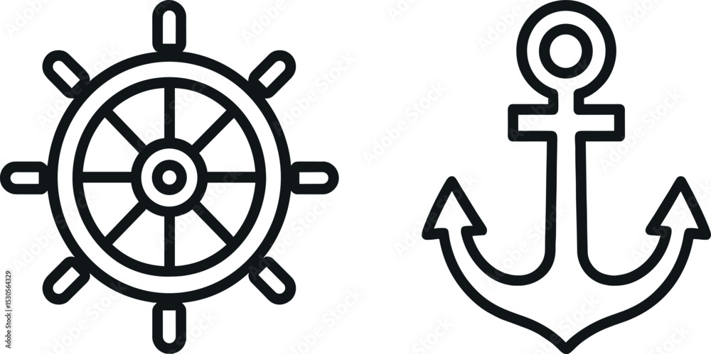 Fototapeta premium Nautical symbols: ship wheel and anchor icon in black and white design