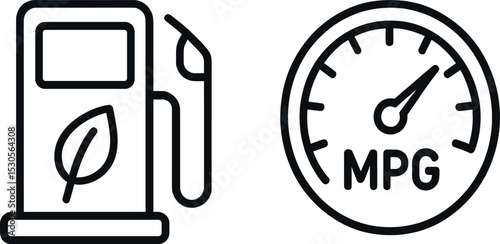 Fuel efficiency symbols: eco-friendly gas pump and mpg gauge icons