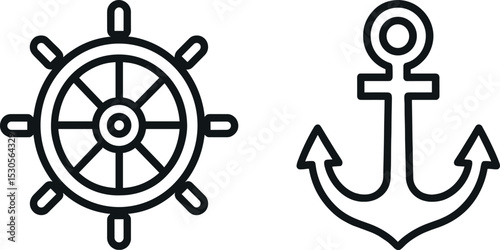 Nautical symbols: ship wheel and anchor icon in black and white design