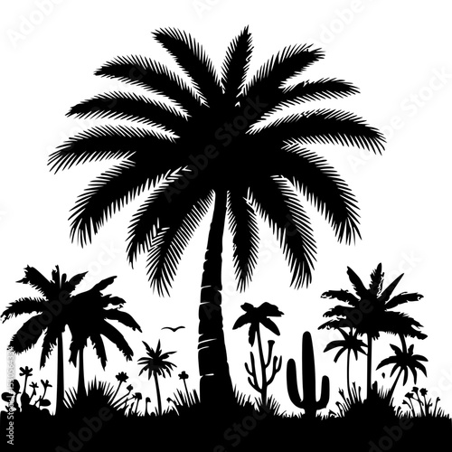 A silhouette image of several tropical palm trees in a landscape, with varying heights and prominent fronds.
