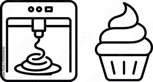 3d food printer and cupcake icon outline: technology meets baking innovation