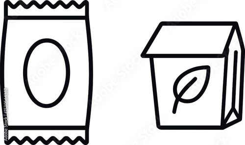 Minimalist line art of snack package and eco-friendly box with leaf symbol