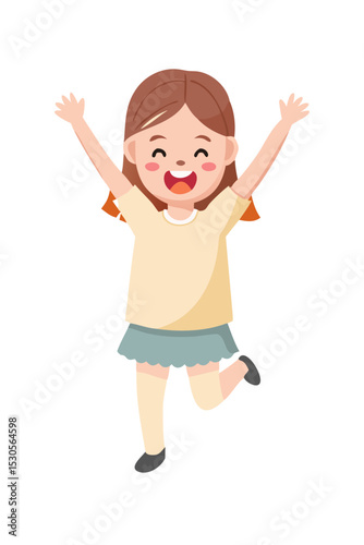 Cartoon girl running and jumping happily