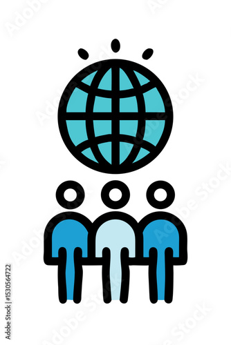 Cartoon icon of united team under globe