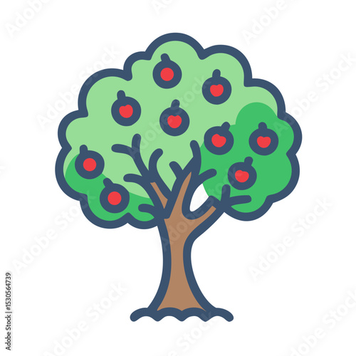Apple tree with foliage and fruit in outline style