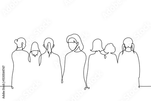 woman turned around there are women standing behind her she looks straight at camera, portrait without face - one line art vector. concept one person notices among crowd