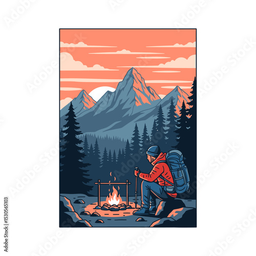 A hiker sits by a campfire at sunset in a mountain landscape, enjoying the peaceful scenery.