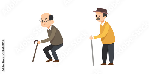 Two elderly men with walking canes on white background