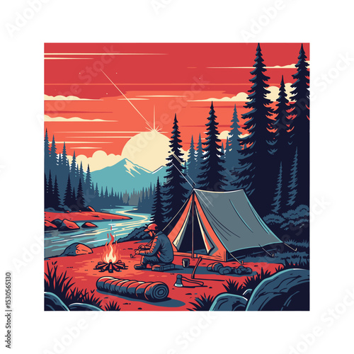 A serene camping scene at sunset, featuring a lone camper by a campfire.