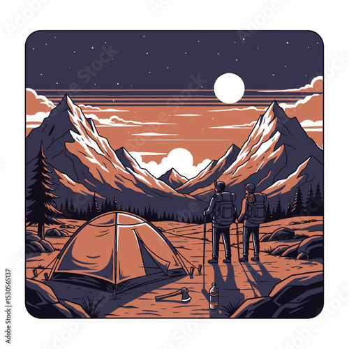 Two hikers stand gazing at a sunset over mountain peaks near a campsite.