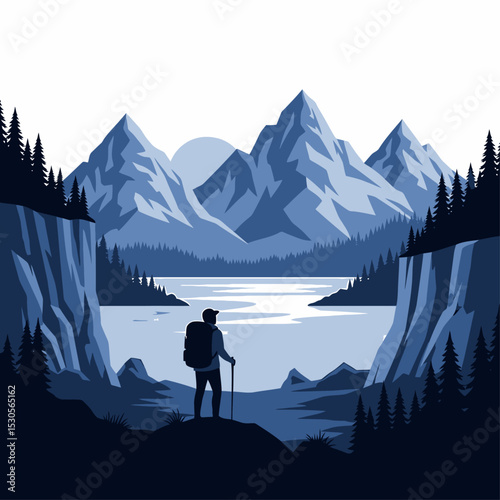 Silhouetted hiker gazes at a serene mountain lake landscape.