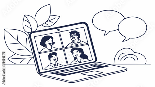 Illustration of a laptop displaying a video conference with four participants and speech bubbles nearby