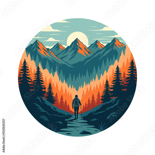 Solitary hiker trekking through a vibrant autumnal forest towards majestic mountains under a serene sun.