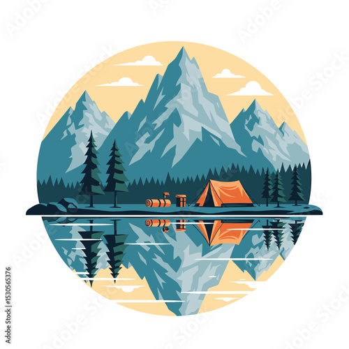 Serene mountain lake campsite reflected in tranquil waters, showcasing a picturesque camping scene nestled amidst majestic peaks.