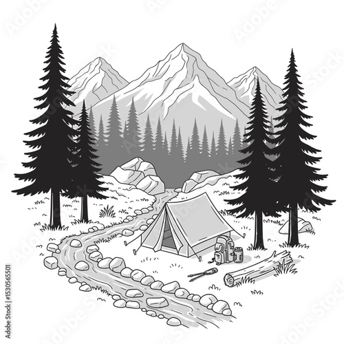 A black and white illustration depicting a campsite nestled in a mountain landscape.