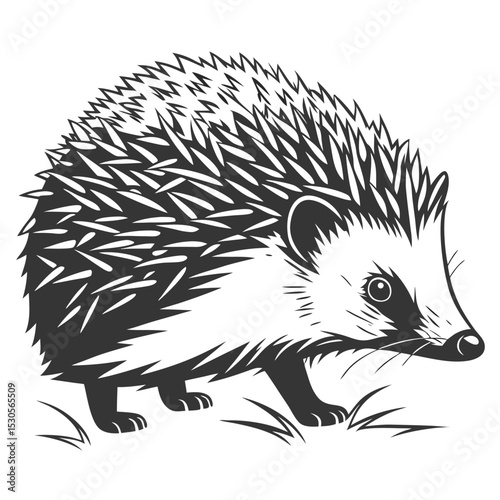 Black silhouette shows a hedgehog walking through grass patches on a white background