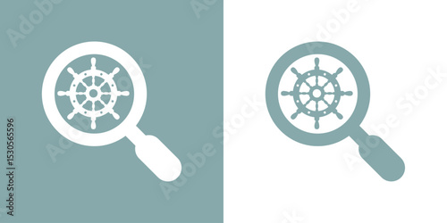 Logo nautical. Silueta de lupa con volante de timón de barco