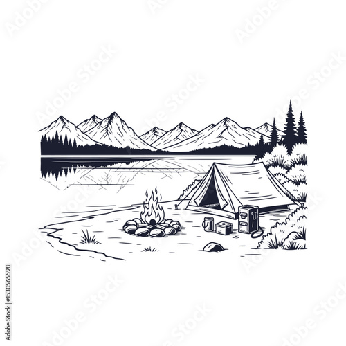 A serene camping scene with a tent, campfire, and mountain lake view.