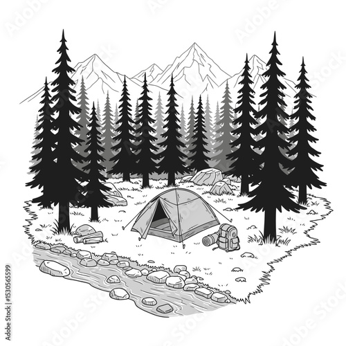 A black and white illustration of a campsite with a tent, trees, and mountains.