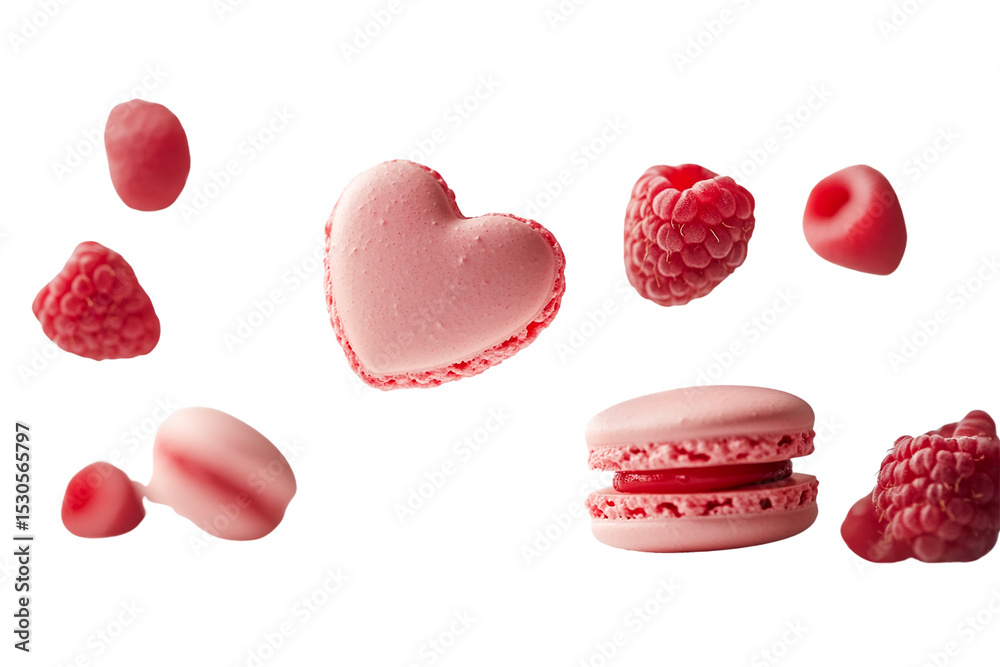 Fototapeta premium Pink macarons and raspberries falling on transparent background, food photography, sweet dessert, delicious treat, romantic mood, Valentine's Day, levitation, confectionery, bakery, pastry,