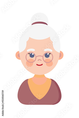 Cartoon portrait of elderly woman with bun and glasses	