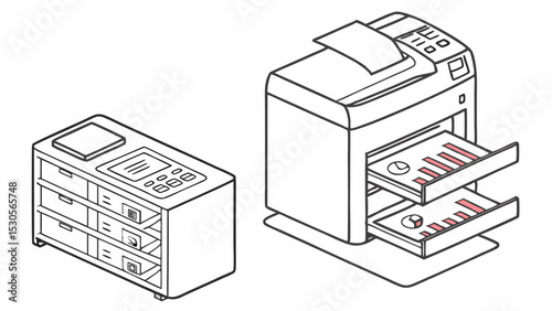 Isometric illustration of a printer with graphs and a cabinet with three drawers and buttons nearby