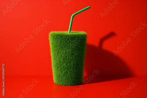 Green Grass Cup with a Straw Against a Red Background, a Fun and Eco-Friendly Drinkware Design for Creative Decor photo