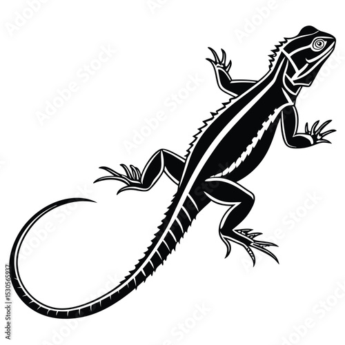 Black silhouette shows an arboreal dragon with spiky back on a white background