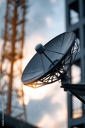 Large satellite dish against sunset sky at telecommunications tower