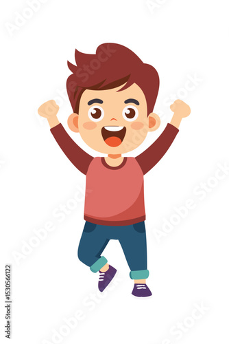 Excited cartoon boy jumping with arms raised