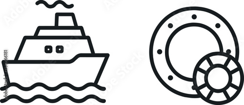 Nautical symbols: ship and lifebuoy outline icons for marine themes