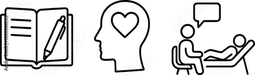 Mental health: open book, heart-mind connection, therapy session icons