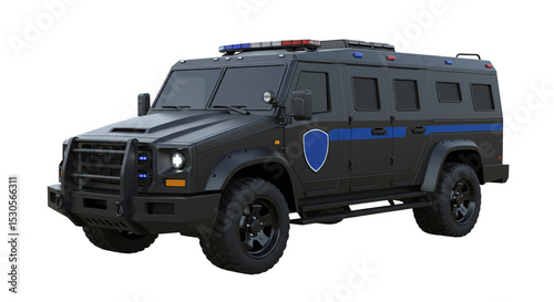 Black armored police transport security vehicle isolated on a transparent background