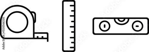 Measuring tools icons: tape measure, ruler, spirit level line art