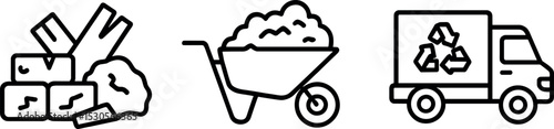 Waste management icons: cheese, wheelbarrow, recycling truck