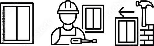 Construction worker installing window icon set