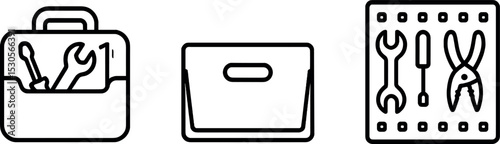 Black line icons of toolkit, storage box, and hanging tools