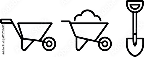 Outline icons of wheelbarrows and shovel for gardening