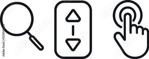 Magnifying glass, scroll arrows, touch gesture icons for user interface