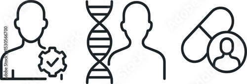 Health symbols: dna strand, human figures, medicine capsule icons