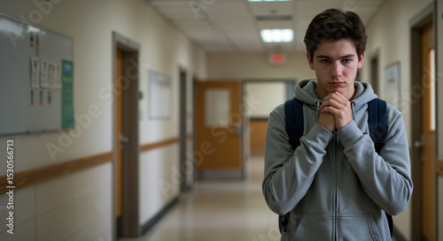Worried teenage boy in gray hoodie standing in school hallway looking anxious and concerned. Student mental health awareness. Educational counseling services