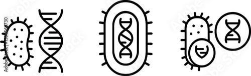 Black and white bacteria and dna icons in various arrangements