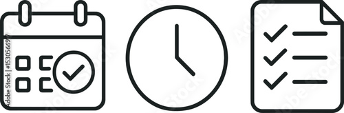 Calendar, clock, and checklist icons for time management and organization