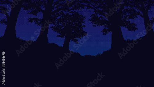 Night Forest with Foliage - Pixel Art. 8-bit Style Vector Illustration.